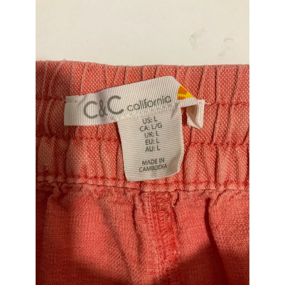 C&C California Linen Blend Shorts Orange Drawstring Elastic Waist Pockets L - Picture 4 of 6